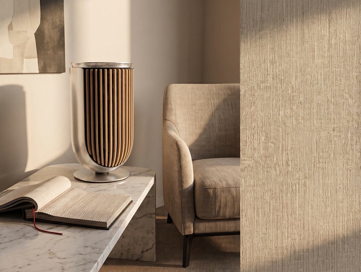 Bang & Olufsen showroom vignette — sculptural speaker beside linen seating at the Boston Design Center