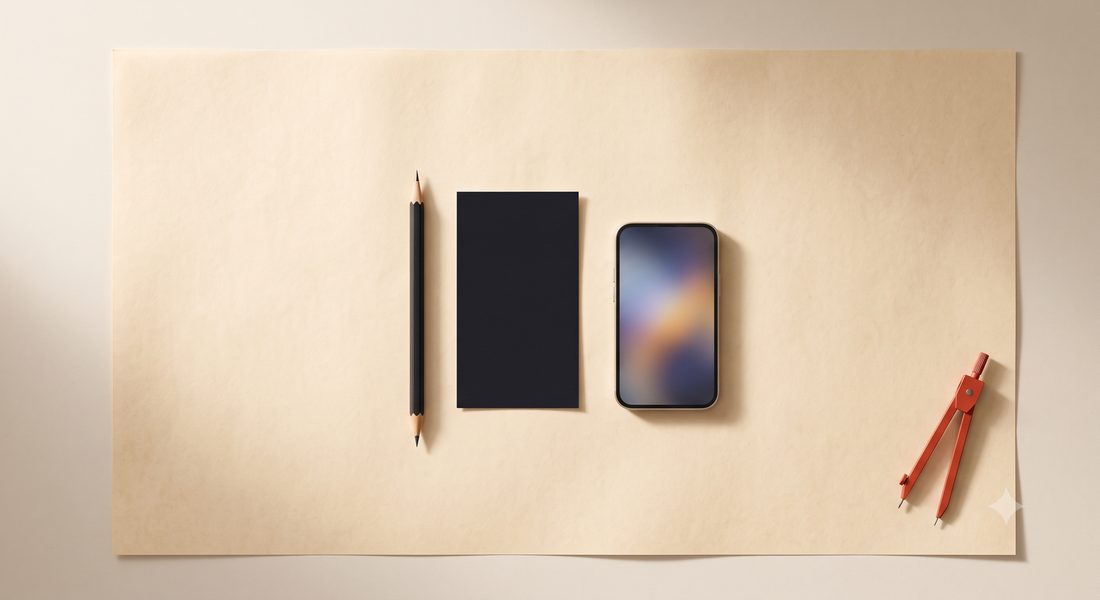 A designer's flat-lay — pencil, paint chip, and a phone showing a soft gradient