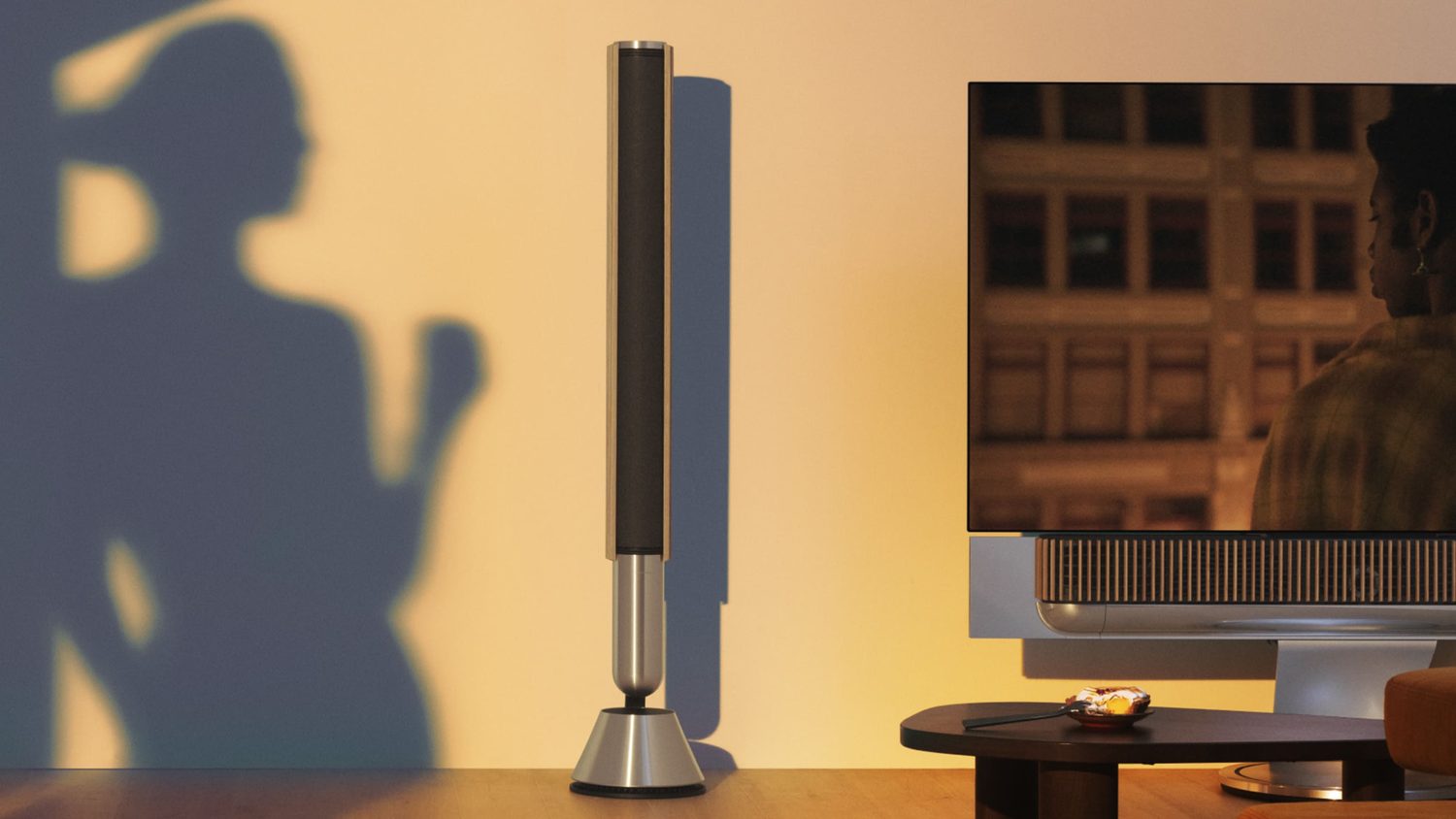 Sculptural Bang & Olufsen Beolab 28 floor speaker as a design object in a room