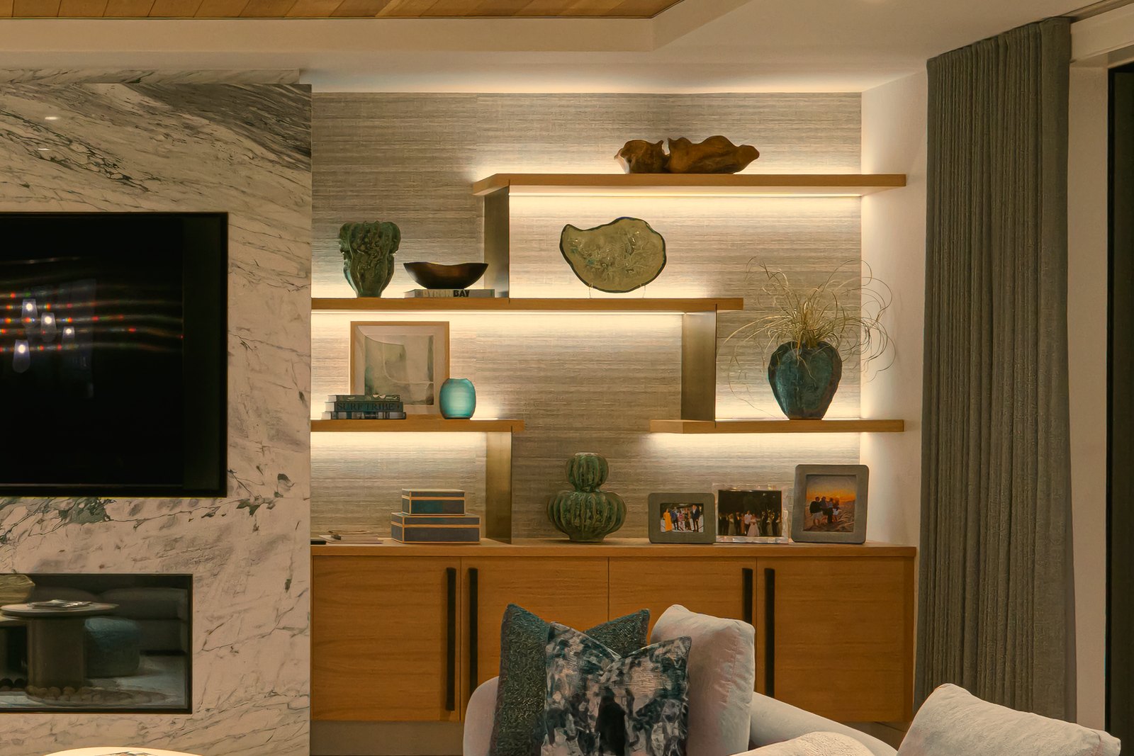 Same room lit with warm amber evening light