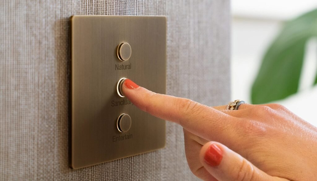 Lutron Alisse engraved brass keypad on a grasscloth wall, finger pressing a button