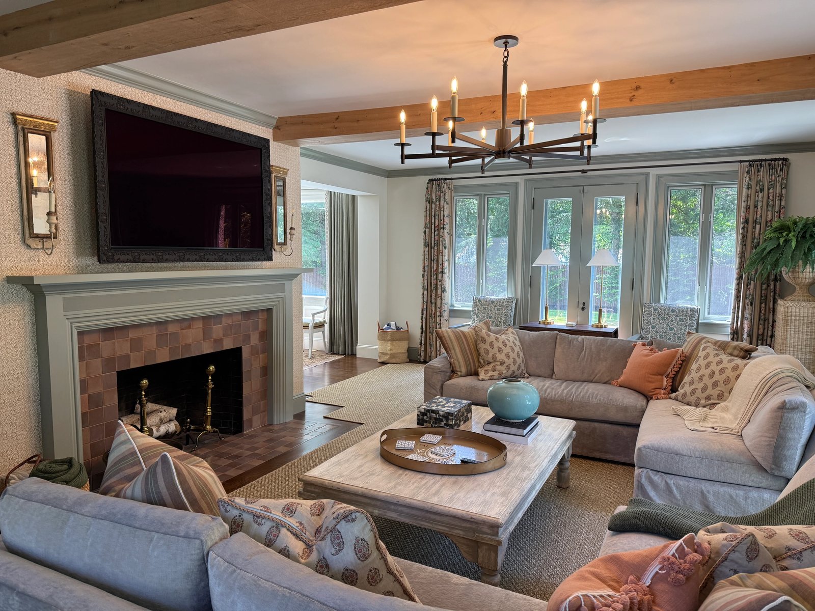 Recessed James by Sonance soundbar with a custom painted grille in a mantel